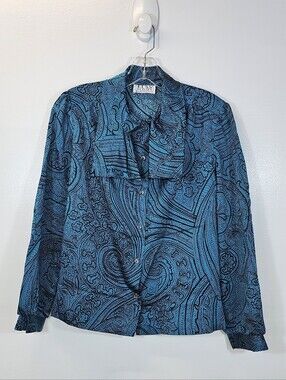 Russ Petites Vintage Blue Paisley Long-Sleeve Blouse